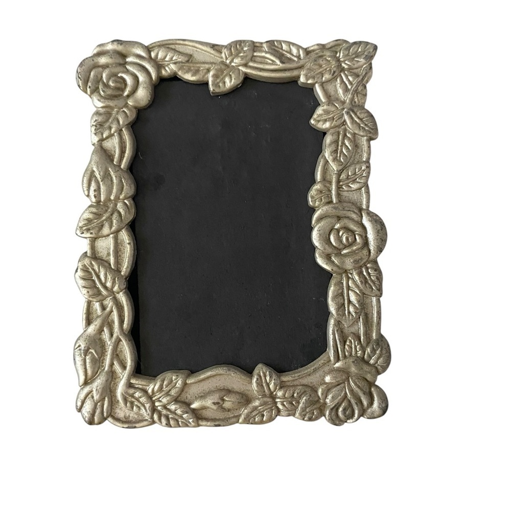 vintage 90s silver puter tone rose floral wallet size picture frame